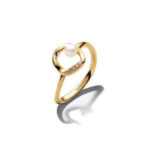 Anello Cerchio Linea Sinuosa con Perla d'Acqua Dolce Coltivata e PavèPlaccatura in Oro 14k (Misura 54)