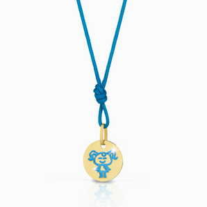Pendente medaglia in oro con disegno vergine in smalto azzurro