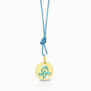 Pendente medaglia in oro con disegno bilancia in smalto celeste