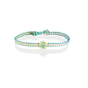Bracciale in oro giallo bilancia in smalto celeste e cordino in tessuto canvas