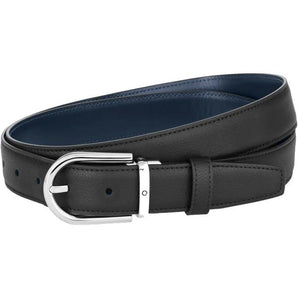 Cintura Montblanc reversibile in pelle nera/blu 30 mm con fibbia a ferro di cavallo