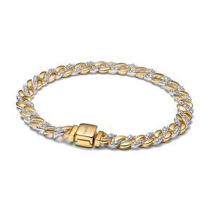 Bracciale Catena Maglia Cubana Bicolore con Pavè
Argento Sterling 925, Placcatura in Oro 14k
(Misura 18 cm)