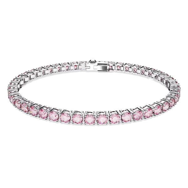 Braccialetto Swarovski Matrix Tennis Taglio tondo, Piccolo, Rosa, Placcato rodio (Misura M)