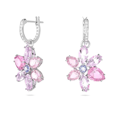 Orecchini Swarovski pendenti Gema Taglio misto, Fiore, Rosa, Placcato rodio