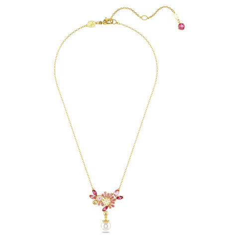 Pendente Gema Taglio misto, Crystal Pearl, Fiore, Rosa, Placcato color oro