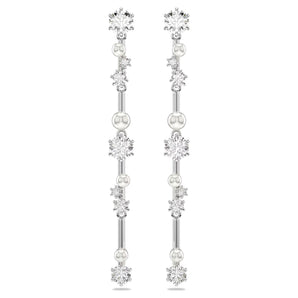 Orecchini pendenti Constella Crystal Pearl, tagli Round, Bianchi, Placcato rodio