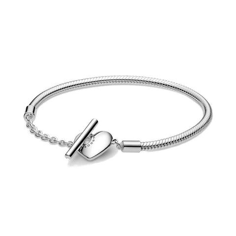 Bracciale Pandora Moments con maglia snake, cuore e barretta a T misura 20cm