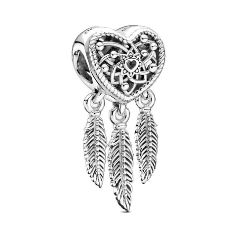 Charm Pandora Acchiappasogni con tre piume e cuore openwork