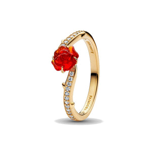 Disney, La Bella e La Bestia, Anello Rosa Incantata Vetro di MuranoPlaccatura in Oro 14k(Misura 56)