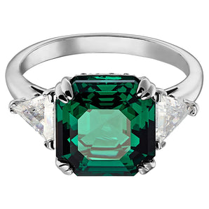 Anello cocktail Attract Trilogy Cristallo taglio quadrato, Verde, Placcato rodio  (Misura 55)