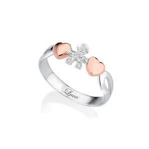 Anello oro bianco con cuori oro rosa e maschietto in pavé
