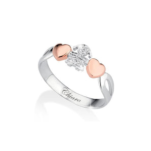 Anello oro bianco con cuori oro rosa e femminuccia in pavé