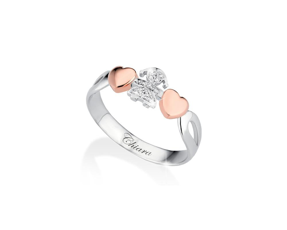 Anello oro bianco con cuori oro rosa e femminuccia in pavé