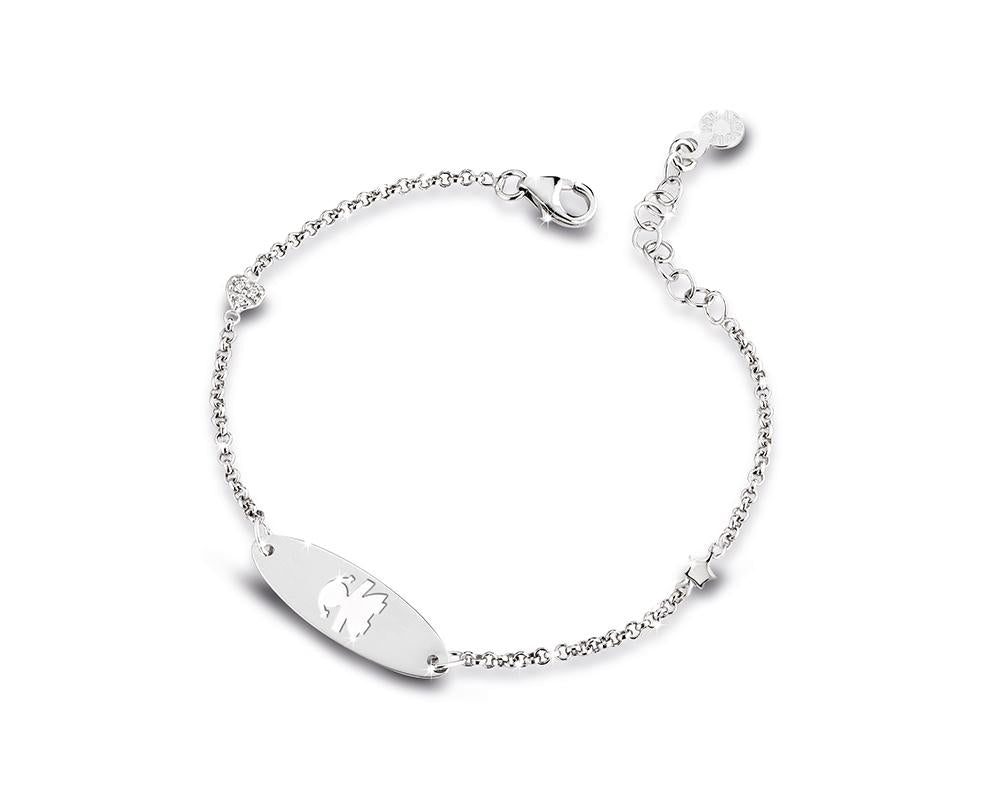 Bracciale femminuccia
oro bianco,
smalto bianco cuoricino con diamanti ct. 0,005 e stellina in oro bianco