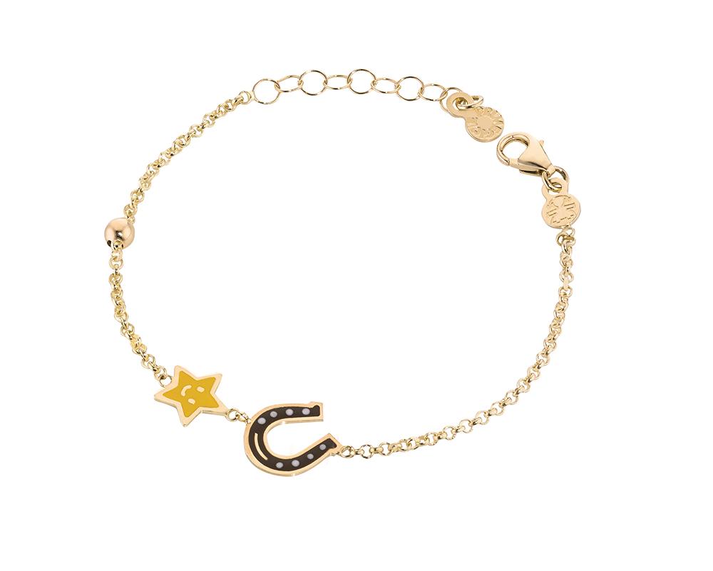 Bracciale oro giallo stellina e ferro di cavallo con smalto colorato