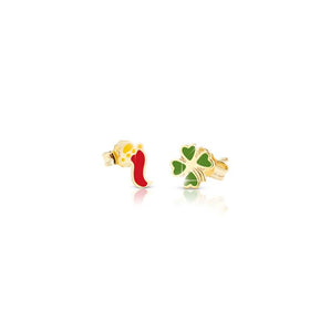 Orecchini in oro giallo cornetto e quadrifoglio con smalto colorato